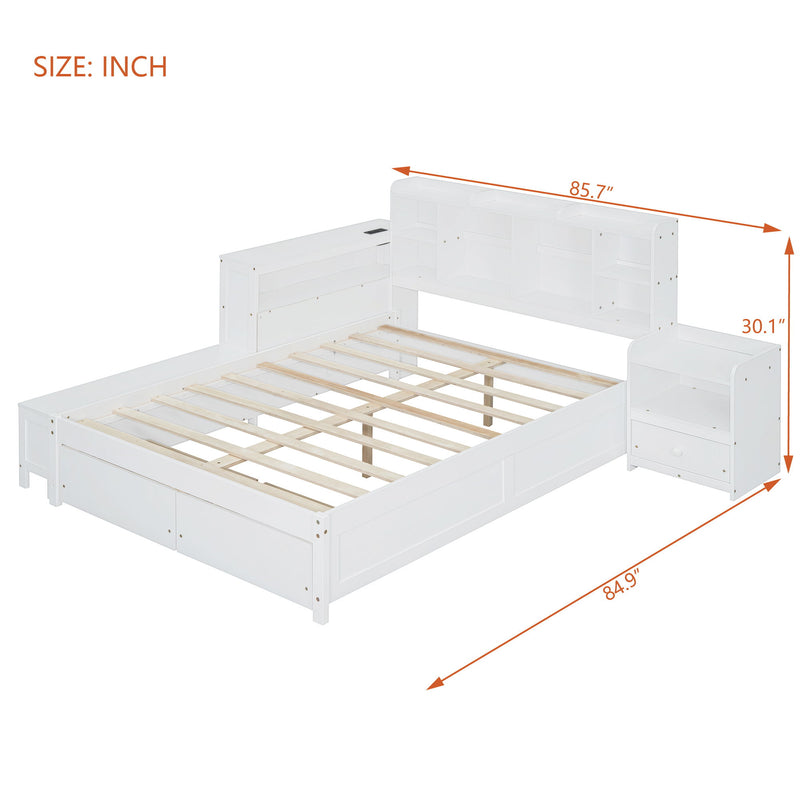 Platform Bed With Multi Functional Storage Space, Nightstand, 2 Drawers, USB Ports And Desk