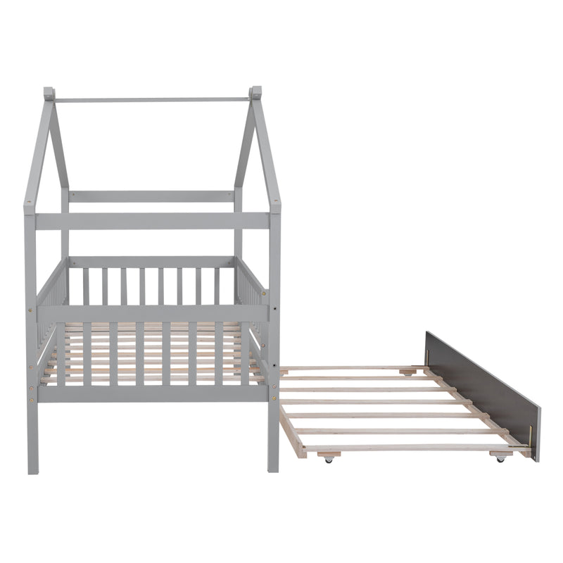 Twin Size Wooden House Bed with Twin Size Trundle, Gray