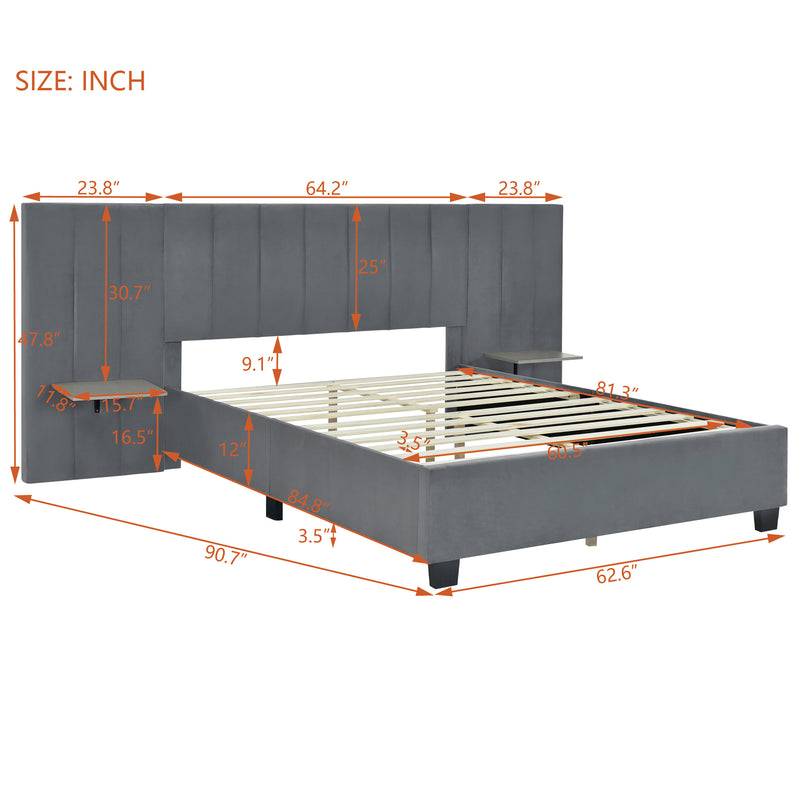 Queen Size Upholstered Platform Bed with Big Headboard, Bedroom Furniture, Velvet, Gray