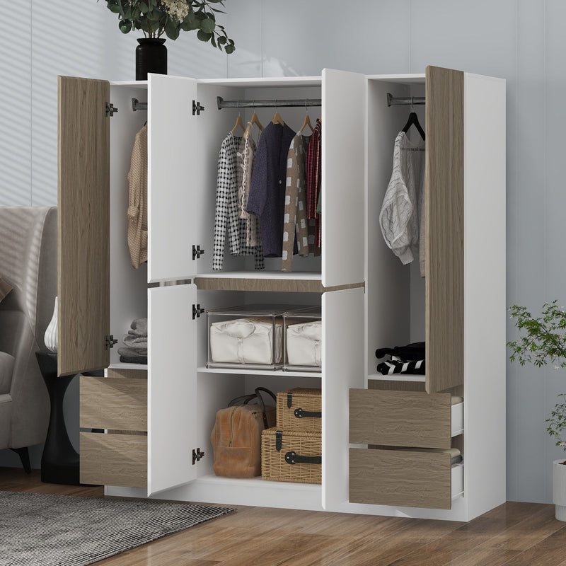 6 Doors Wardrobe Storage For Bedroom, With 4 Drawers - White / Nature