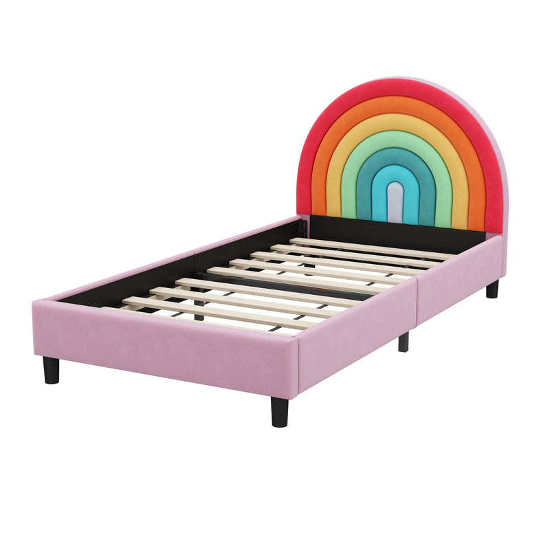 Rainbow Design Upholstered Twin Platform Bed Cute Style Princess Bed For Boys & Girls, Teens - Colorful / Pink