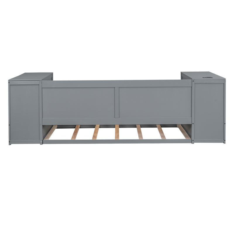 Twin Size Daybed with Storage Arms, Trundle and Charging Station, Gray