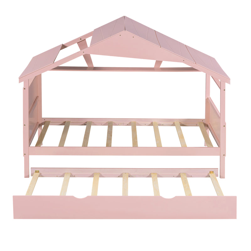 Wood Twin Size House Bed with Trundle and Storage, Pink