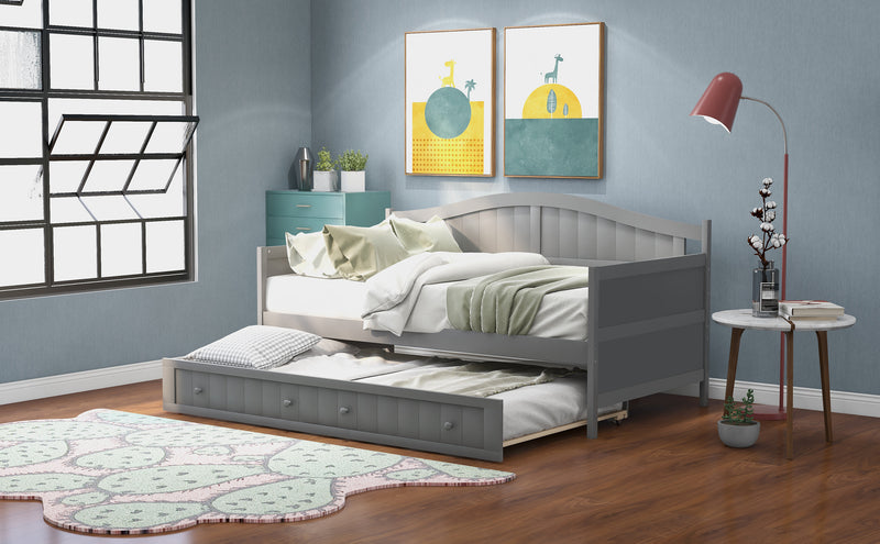 Twin Wooden Daybed with Trundle Bed, Sofa Bed for Bedroom Living Room, Gray