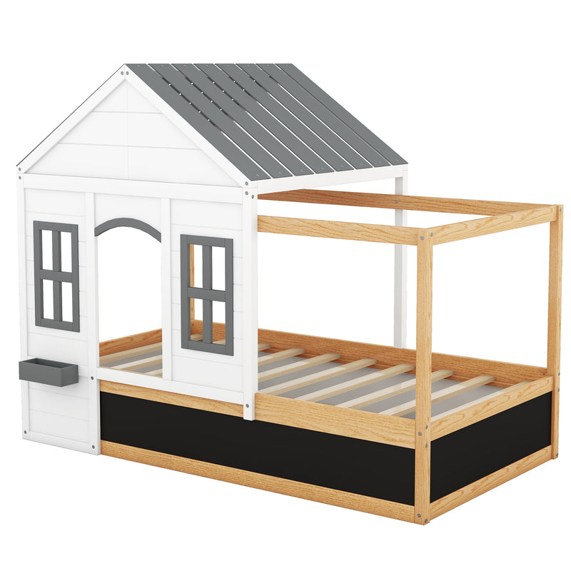 Twin Size House Shaped Canopy Bed with Black Roof and White Window,Blackboard and Little Shelf, White(Old SKU: WF294051AAK)