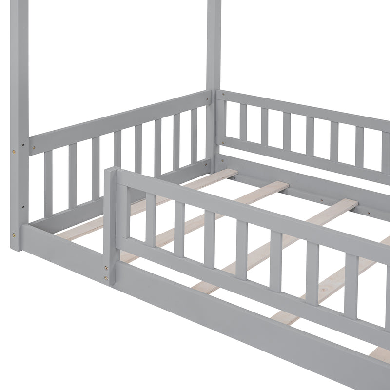 Twin Size Wood Bed House Bed Frame with Fence, for Kids, Teens, Girls, Boys, Gray