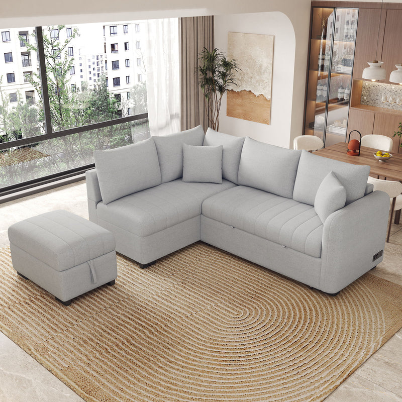 L-Shaped Sectional Pull Out Sofa Bed Sleeper Sofa With Two USB Ports, Two Power Sockets And A Movable Storage Ottoman