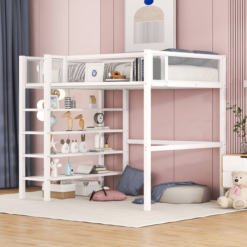 Twin Size Metal Loft Bed with 4-Tier Shelves and Storage, White