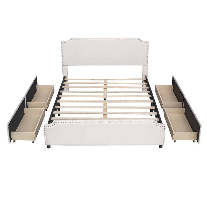 Upholstered Platform Bed with Stud Trim Headboard and Footboard and 4 Drawers No Box Spring Needed, Velvet Fabric, Queen Size (Beige)