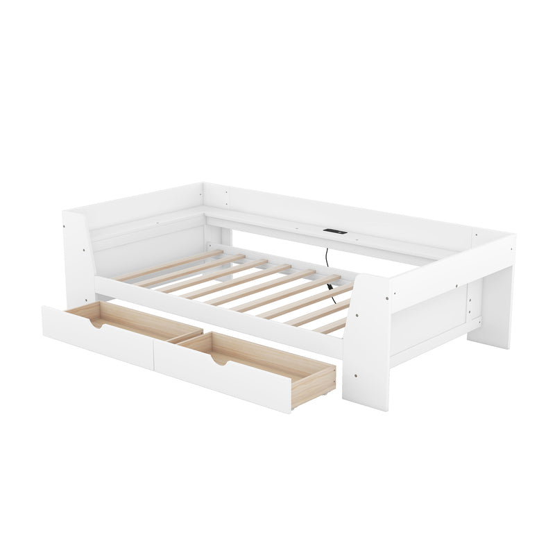 Twin Size Daybed with Shelves, Drawers and Built-In Charging Station, White