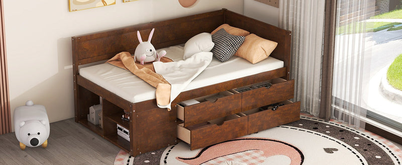 Twin Size Daybed with Drawers and Shelves, Walnut