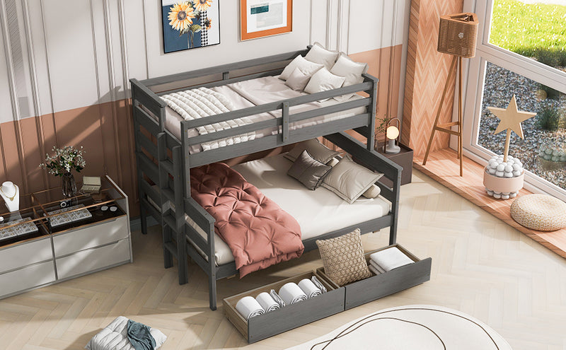 Wood Twin over Full Bunk Bed with 2 Drawers, Gray