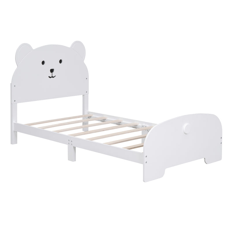 Twin Size Wood Platform Bed with Bear-shaped Headboard and Footboard,White