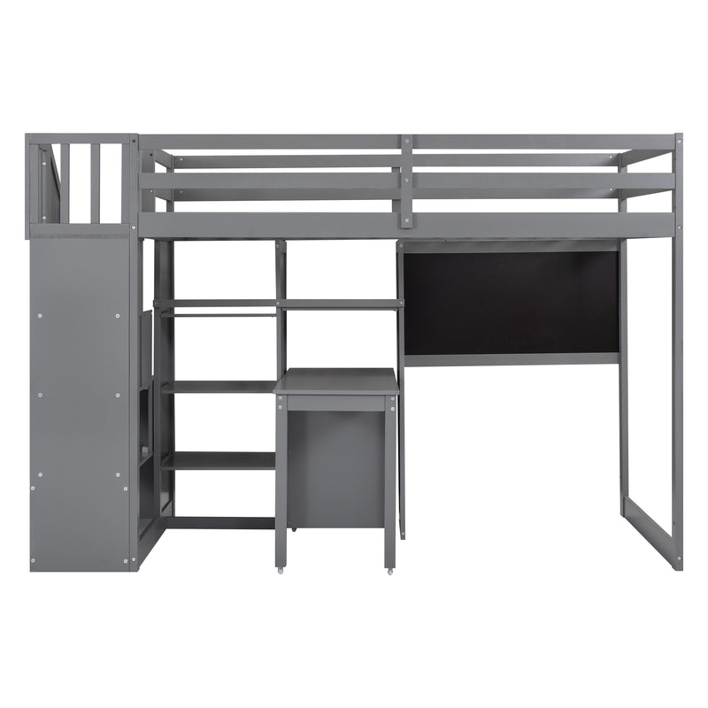 Twin Size Loft Bed with Pullable Desk and Storage Shelves,Staircase and Blackboard,Gray