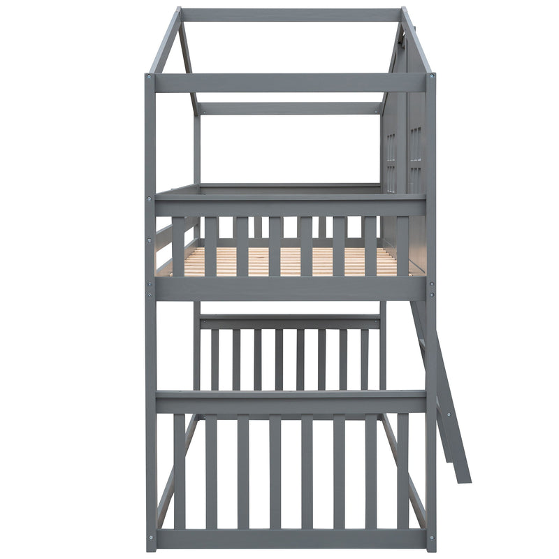 Twin Over Twin House Bunk Bed With Ladder, Wood Bed