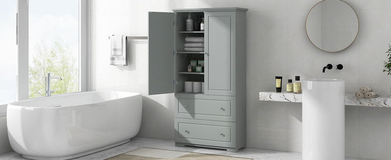 Wide Bathroom Storage Cabinet, Freestanding Storage Cabinet With Two Drawers And Adjustable Shelf, MDF Board With Painted Finish - Gray