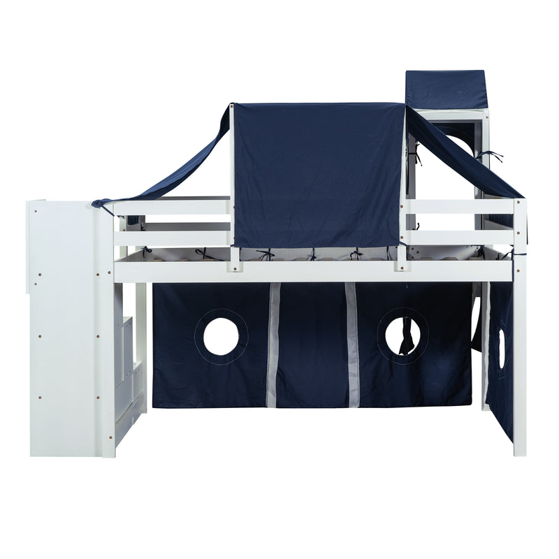 Twin Size Loft Bed with Tent and Tower - Blue