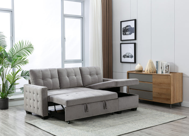 Reversible Sectional Storage Sleeper Sofa Bed, L-Shape 2 Seat Sectional Chaise With Storage, Skin-Feeling Velvet Fabric