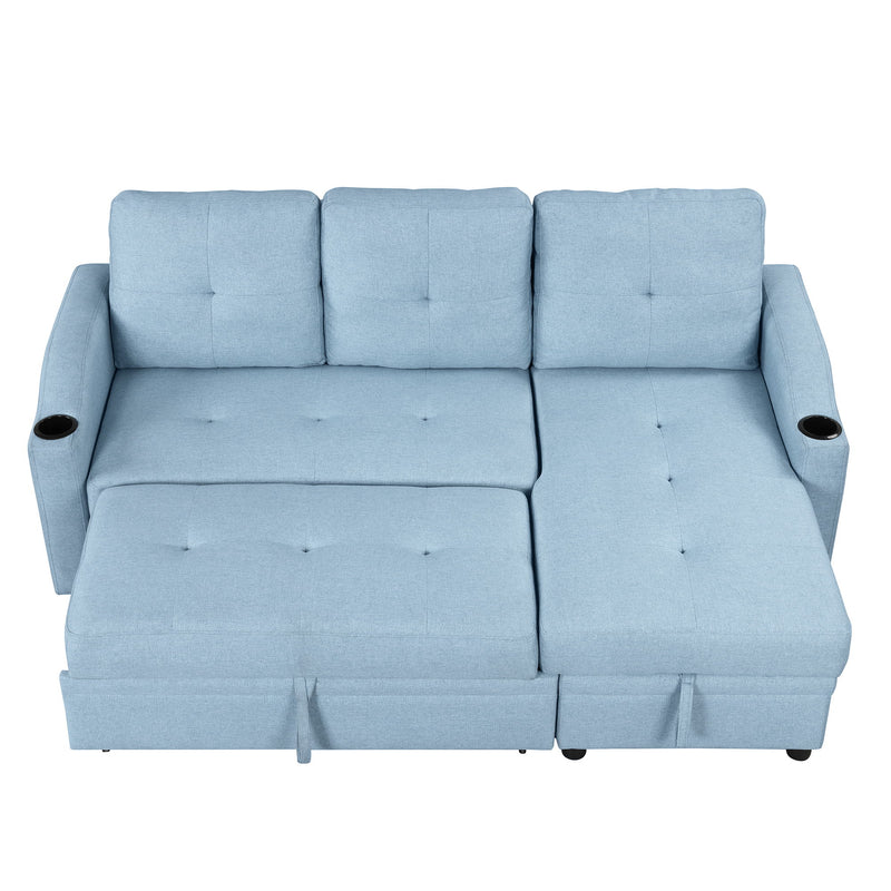 Pull Out Sofa Bed Modern Padded Upholstered Sofa Bed, Linen Fabric 3 Seater Couch With Storage Chaise And Cup Holder, Small Couch For Small Spaces