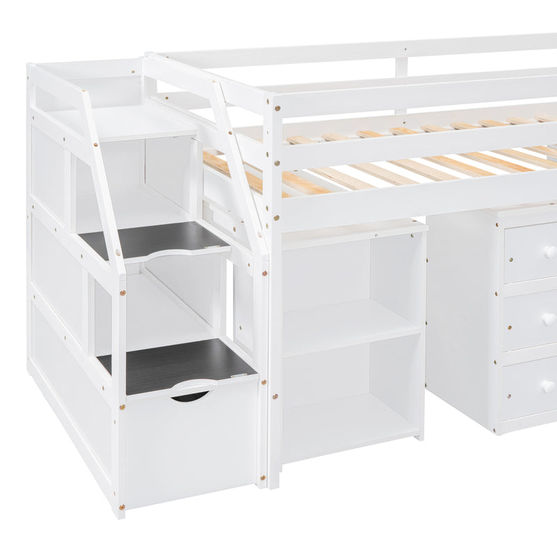 Twin Size Loft Bed with Retractable Writing Desk and 3 Drawers, Wooden Loft Bed with Storage Stairs and Shelves, White