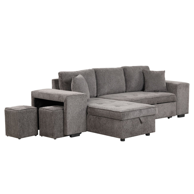 Modern L-Shape 3 Seat Reversible Sectional Couch, Pull Out Sleeper Sofa With Storage Chaise And 2 Stools For Living Room Furniture Set