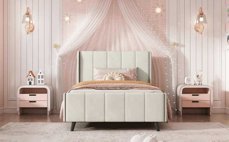 Twin Size Upholstered Platform Bed, Velvet, Beige