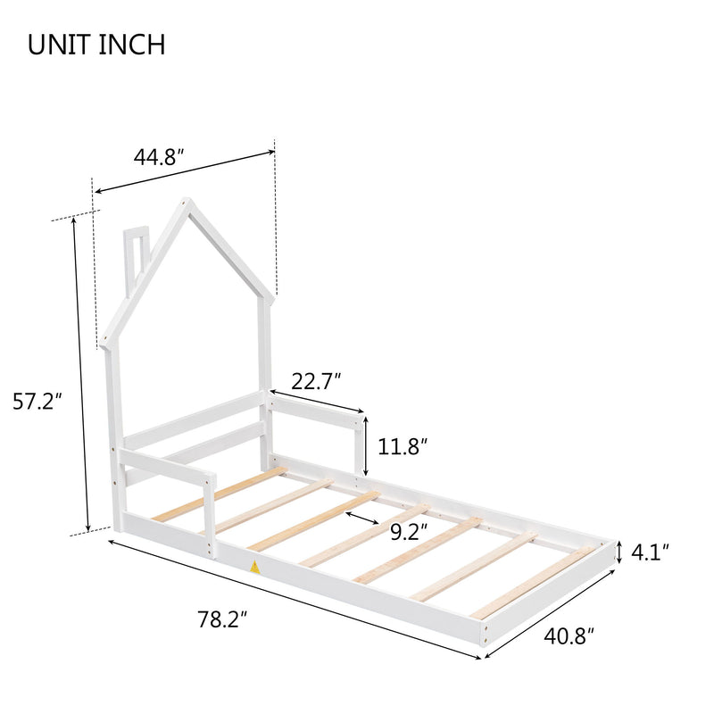 Twin House-Shaped Headboard Floor Bed With Handrails, Slats