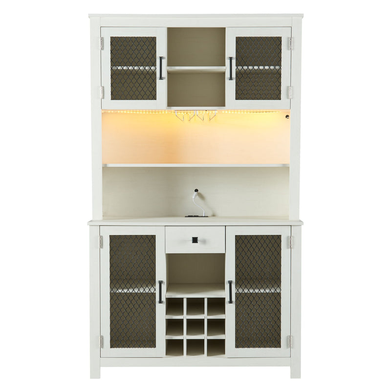 Kitchen Pantry Storage Cabinet Rustic Buffet Cabinet, Kitchen Hutch Cabinet With LED Outlets Food Pantry Cabinet With Doors And Shelves Wine Rack For Dining Room - Antique White