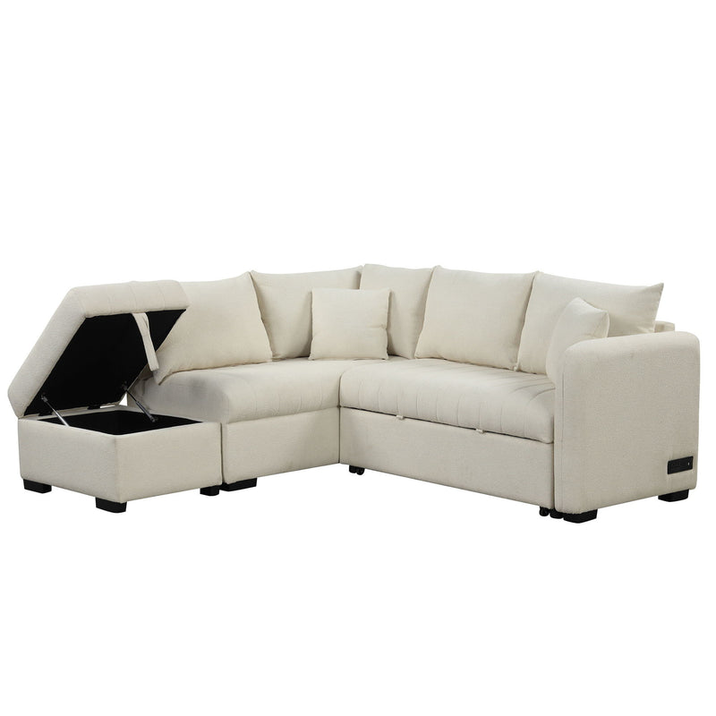 L-Shaped Sectional Pull Out Sofa Bed Sleeper Sofa With Two USB Ports, Two Power Sockets And A Movable Storage Ottoman