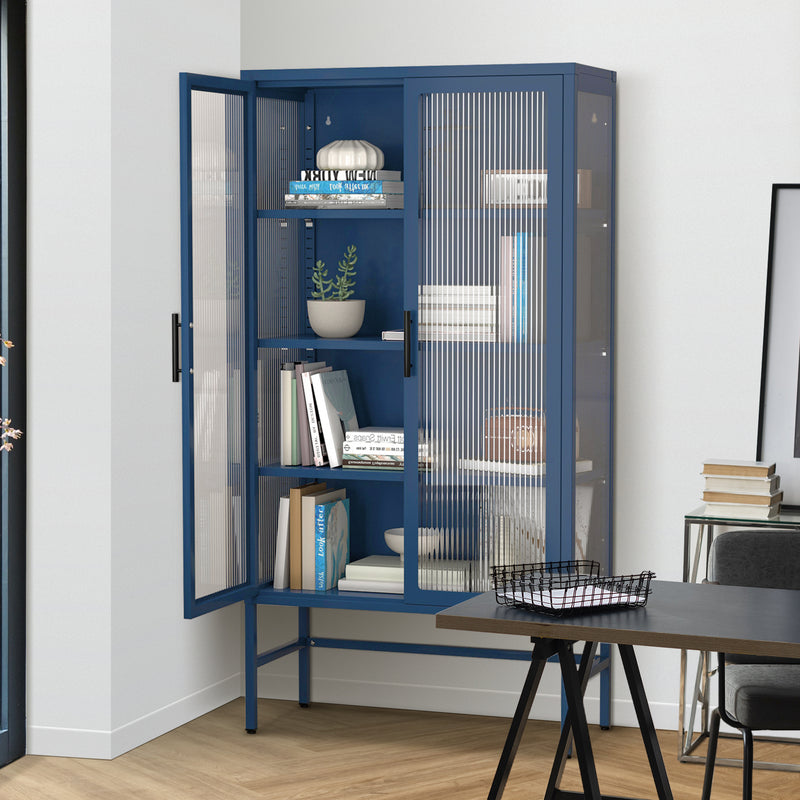 Double Glass Door Storage Cabinet with Adjustable Shelves and Feet Cold-Rolled Steel Sideboard Furniture for Living Room Kitchen BLUE