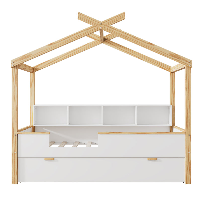 White Full Size Wooden House Bed with Original Wood Colored Frame Twin Size Trundle and Bookshelf Storage Space for Children or Guest Room