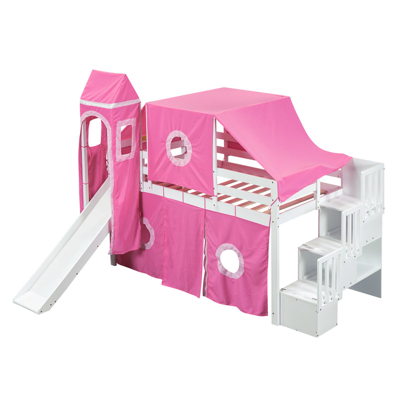 Twin Size Loft Bed with Tent and Tower - Pink