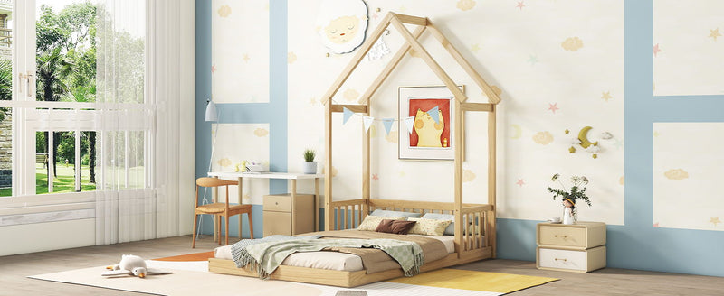 House-Shaped Roof Headboard Floor Bed, (Without Slats)