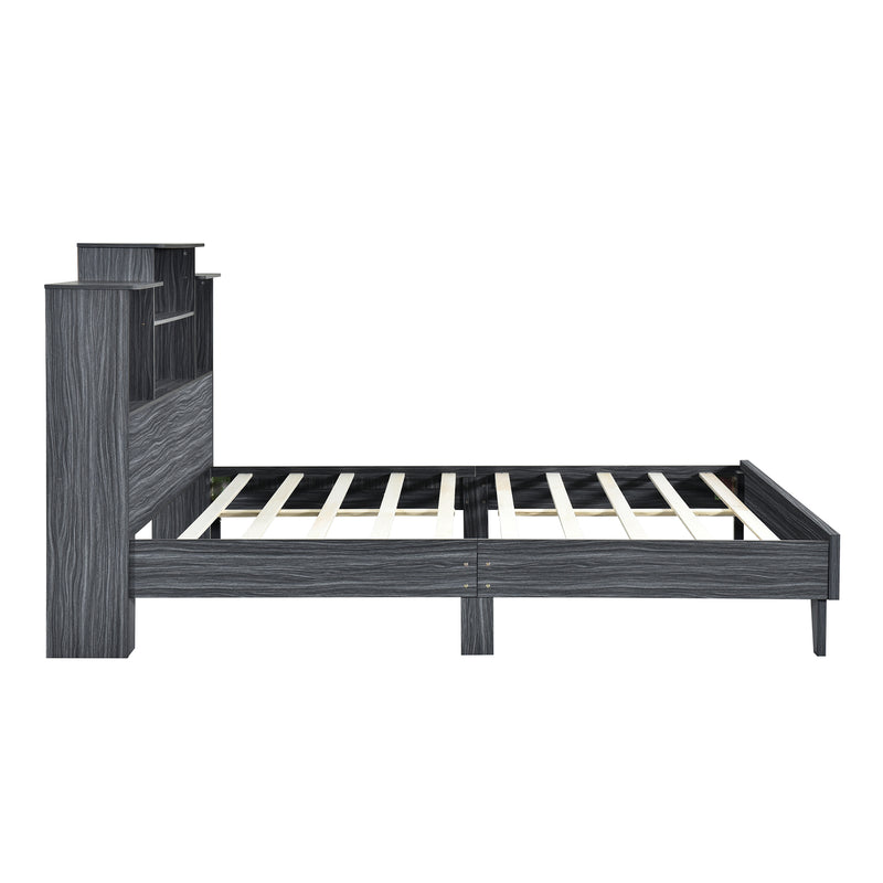 Queen Size Storage Platform Bed Frame with 4 Open Storage Shelves and USB Charging Design,Gray