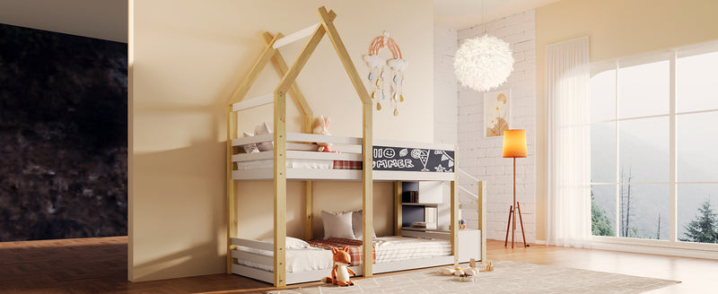 Twin over Twin House Bunk Bed with White Storage Staircase and Blackboard, White and Natural