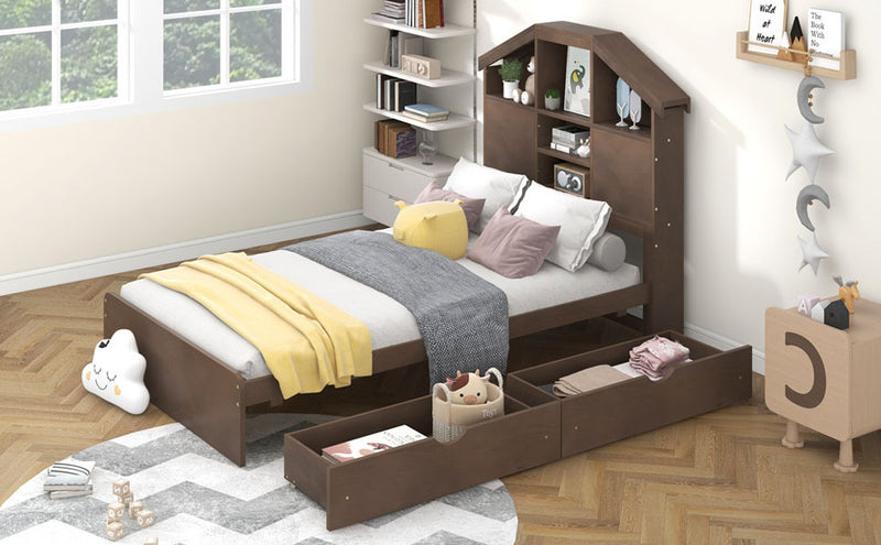 Twin Size Wood Platform Bed with House-shaped Storage Headboard and 2 Drawers, Walnut