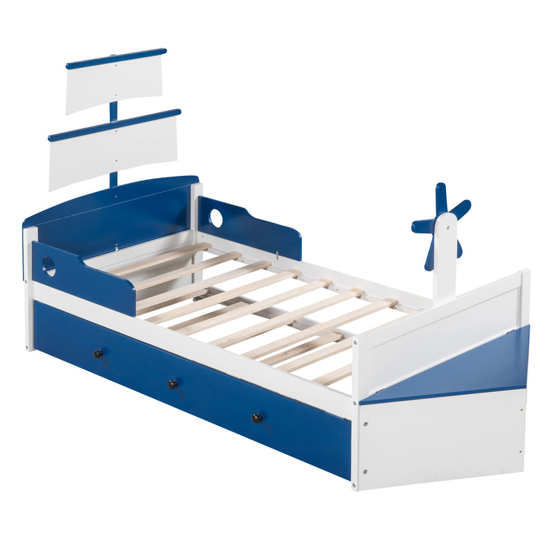 3-Pieces Bedroom Sets,Twin Size Boat-Shaped Platform Bed with  Trundle and Two Nightstands,White+Blue