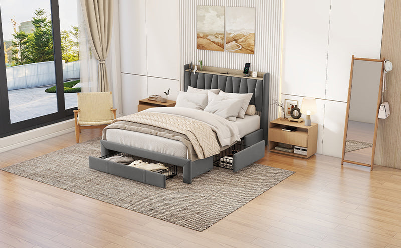 Queen Size Bed Frame with Storage Headboard and Charging Station, Upholstered Platform Bed with 3 Drawers, No Box Spring Needed, Dark Gray