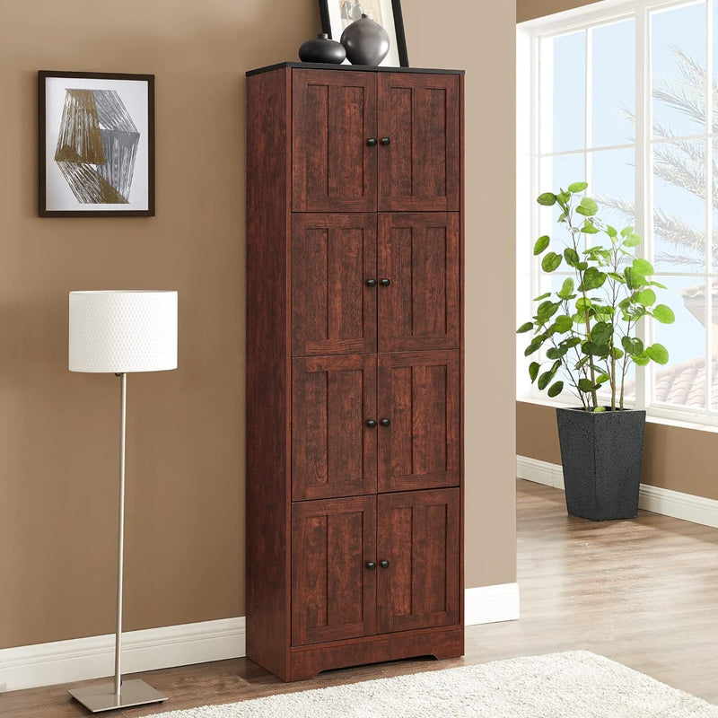 Tall Storage Cabinet with 8 Doors and 4 Shelves, Wall Storage Cabinet for Living Room, Kitchen, Office, Bedroom, Bathroom, Walnut