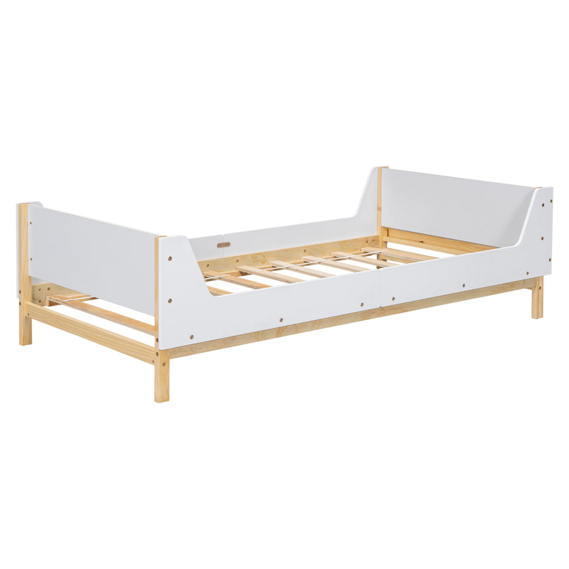 Twin Bed with Headboard, Footboard, Safeguards,  Built-in Bed-end Book Storage Rack ,White