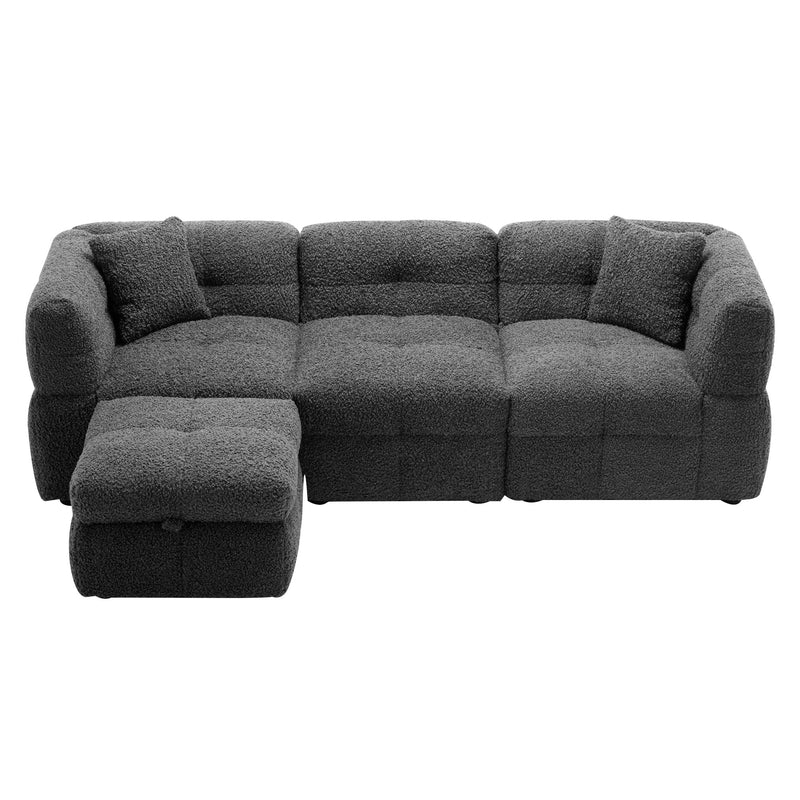 Sectional Sofa Cozy Teddy Fleece Sectional Sofa Couch With Two USB Ports A Movable Storage Ottoman And Two Lumbar Pillows For Living Room