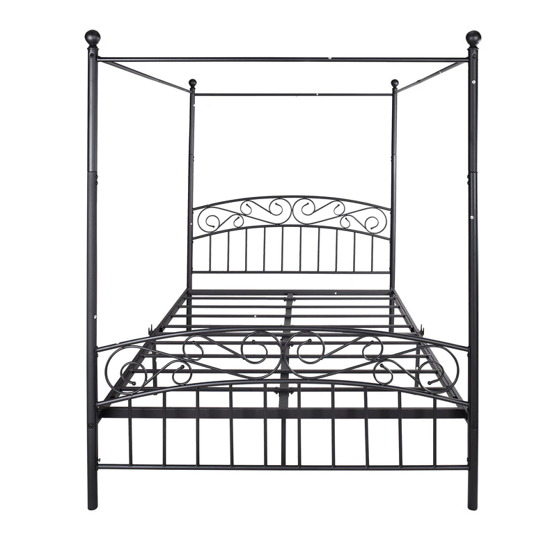 Queen Size Metal Canopy Bed Frame with Headboard and Footboard Black