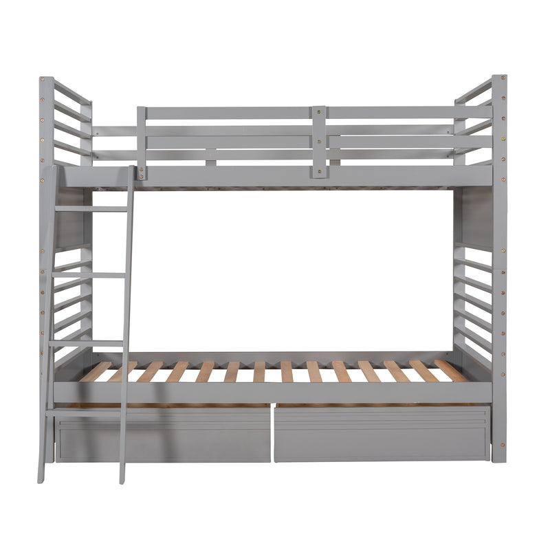 Twin over Twin Wood Bunk Bed with Two Drawers - Gray