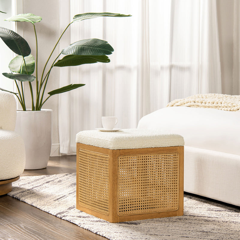 Nina - Cane Webbing Cube Ottoman - Ivory White