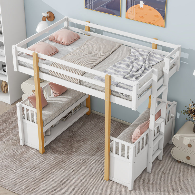 Wood Twin Size Loft Bed with 2 Seats and a Ladder, White