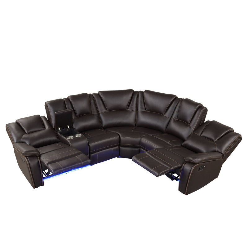 Modern Faux Leather Manual Reclining With Center Console And LED Light Strip, Living Room Furniture Set, PU Symmetrical Couch With 2 Cup Holders And Storage For Living Room