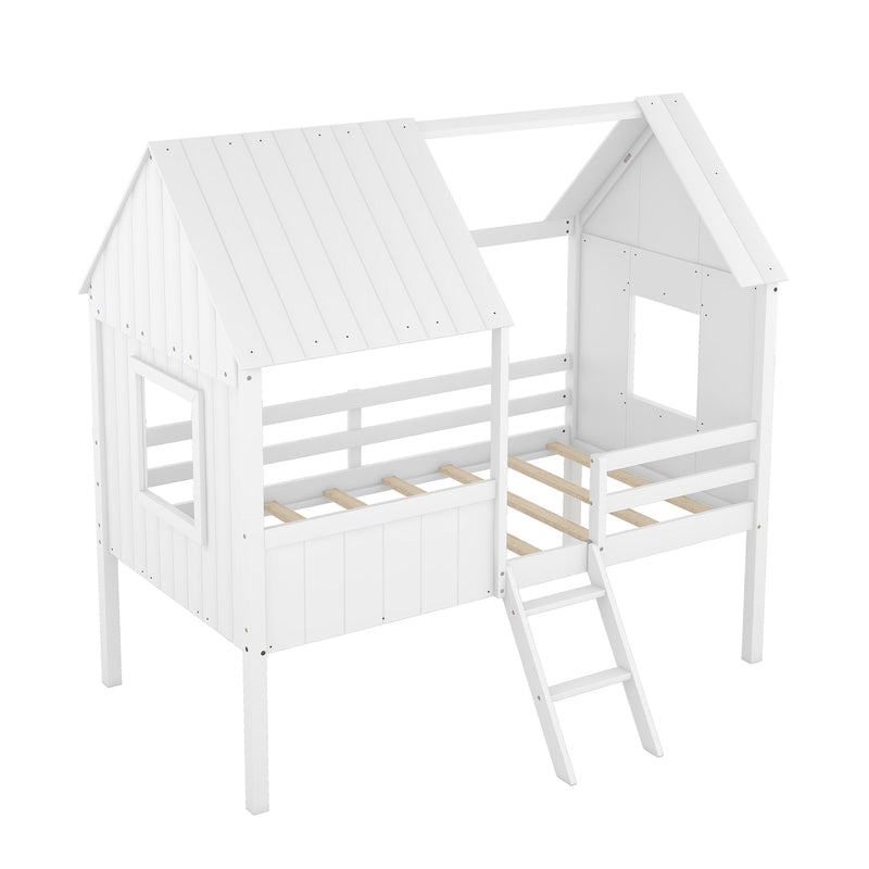 Twin Size Low Loft Wood House Bed with Two Side Windows  (White)(OLD SKU: LP000037AAK)