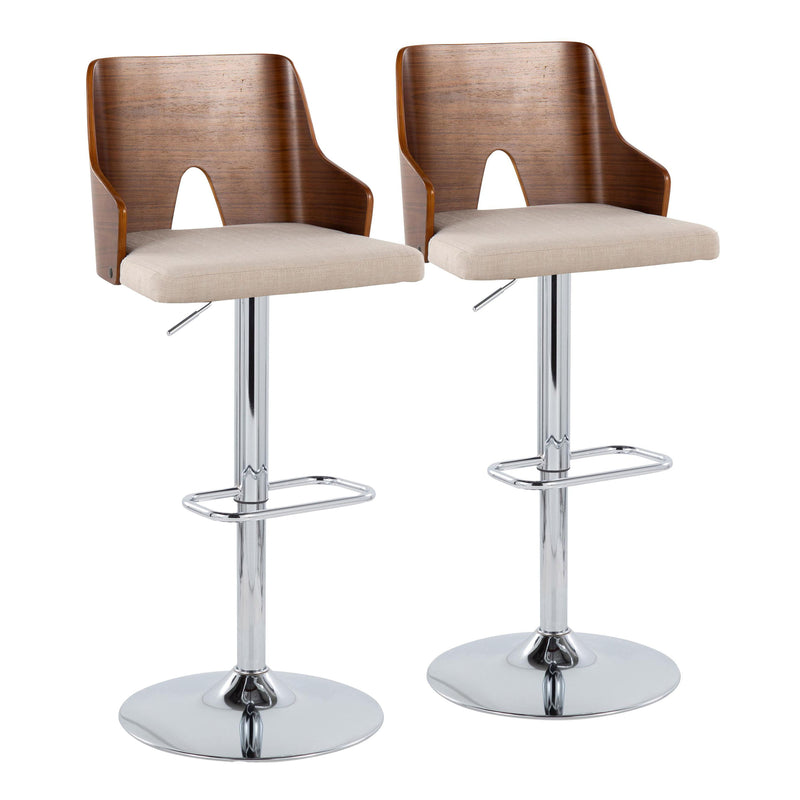 Ariana - Mid-Century Modern Adjustable Barstool With Swivel With Rounded Rectangle Footrest (Set of 2) - Chrome / Walnut / Beige