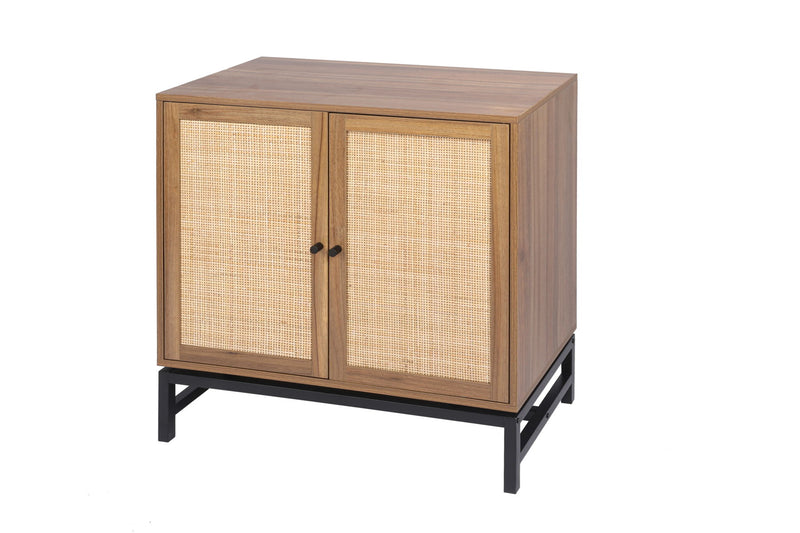 2 Door Cabinet, With 1 Adjustable Inner Shelves, Rattan, Accent Storage Cabinet (Set of 2) - Walnut