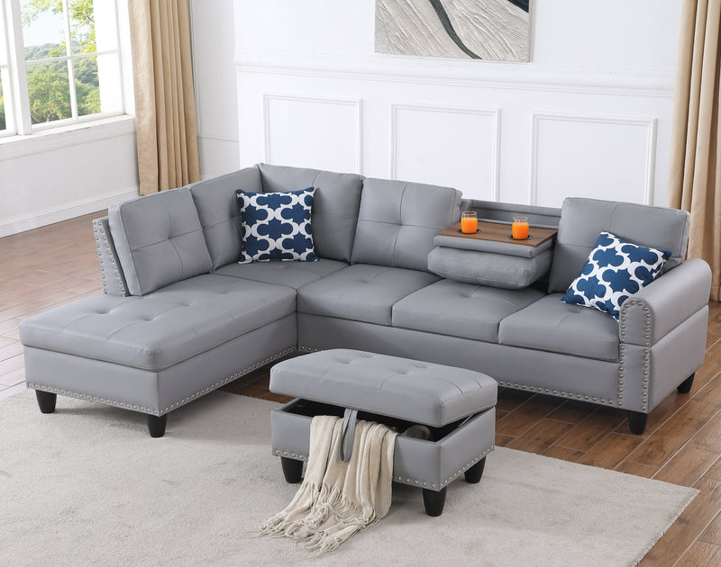 Irine - Faux Leather Sectional Sofa With Ottoman - Gray